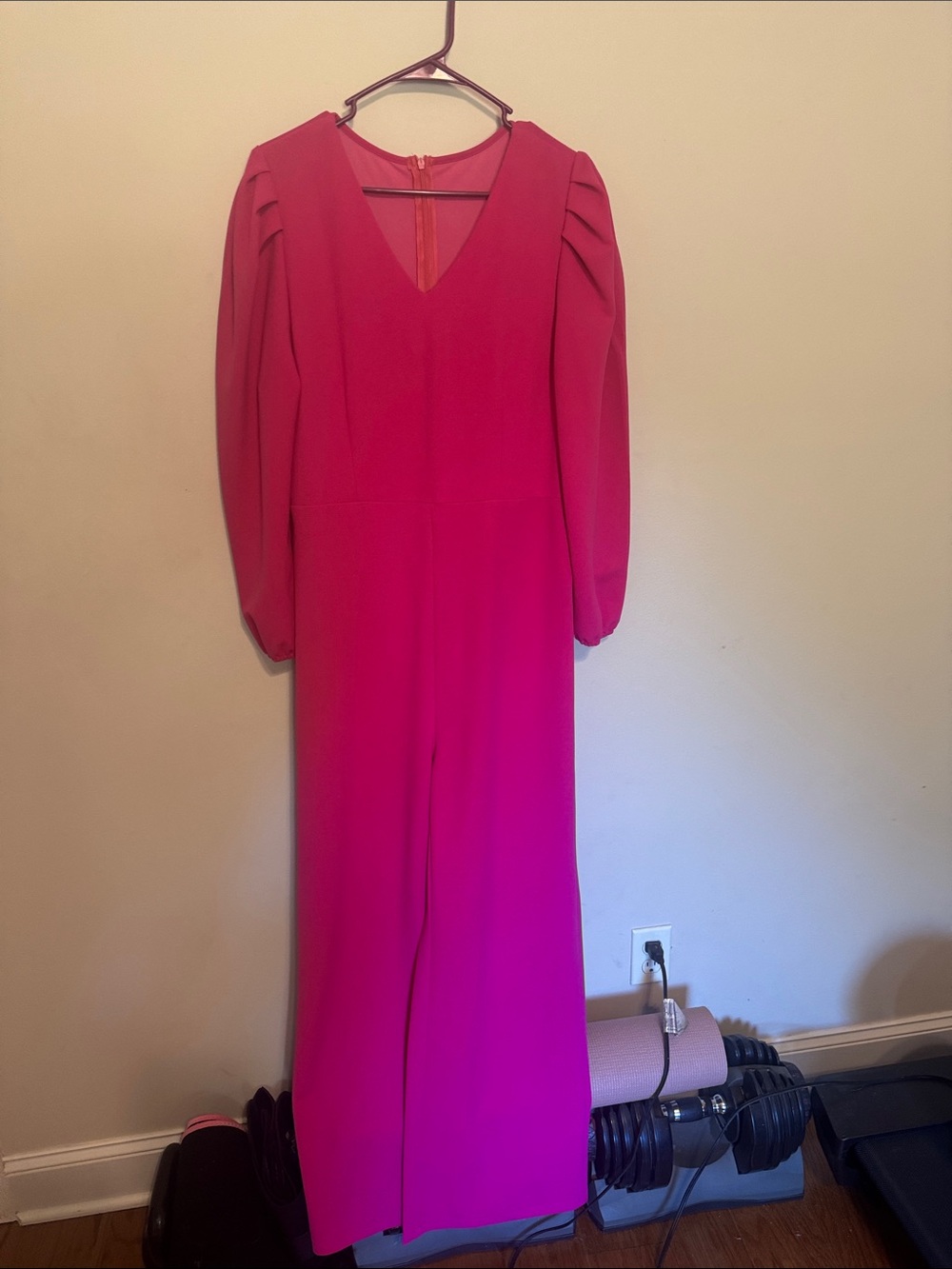 SHEIN Hot Pink Long Sleeve V-Neck Jumpsuit Dress